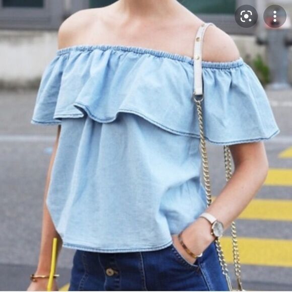 Zara Premium Denim Crop Off Shoulder Ruffle Top - Picture 1 of 6